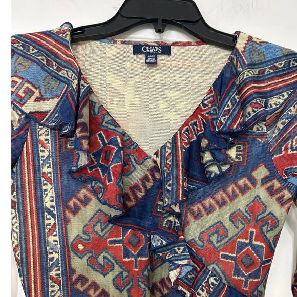 Chaps Y2K Sheer Mesh Ruffle Aztec Print Fitted V Neck Top Small Southwestern - Picture 4 of 9